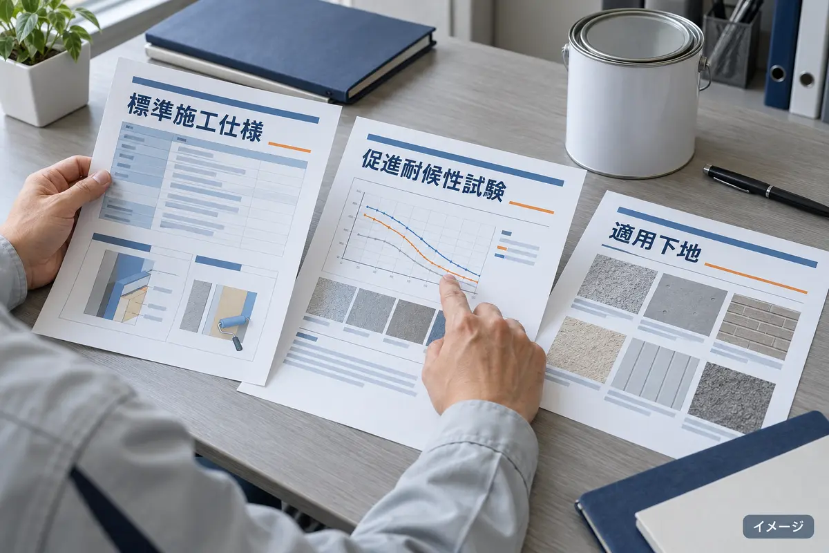 塗料カタログの促進耐候性試験と標準施工仕様を確認するイメージ