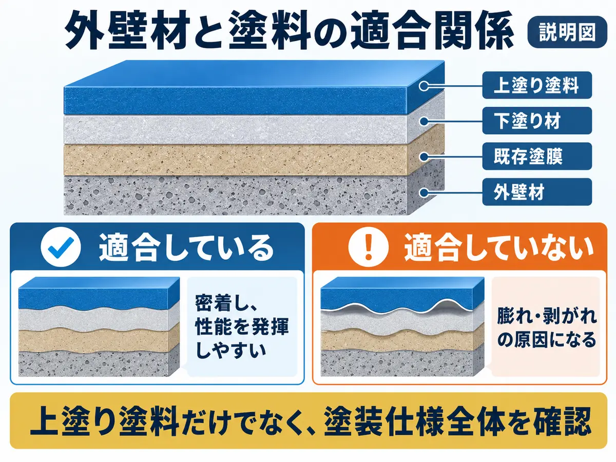 外壁材・既存塗膜・下塗り材・上塗り塗料の適合関係を示す説明図