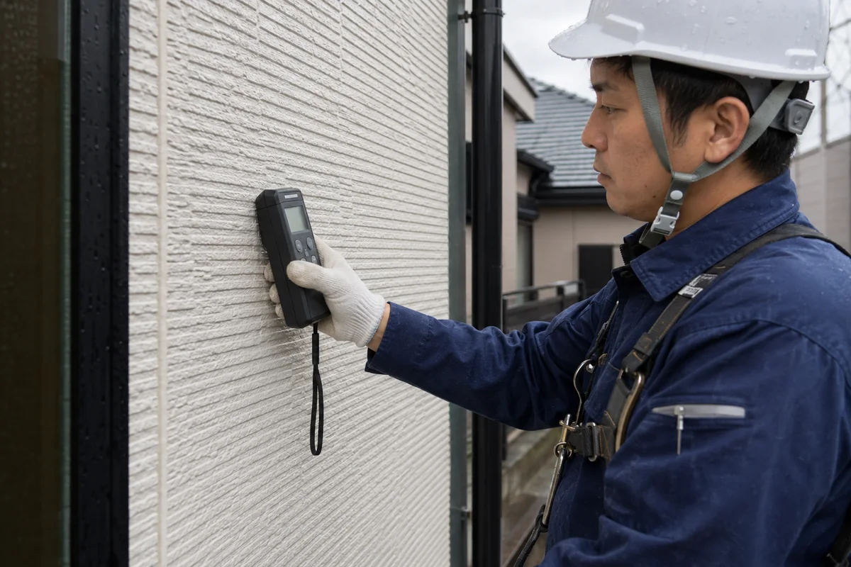 雨上がりの外壁に含水率計を当てて乾燥状態を確認する職人