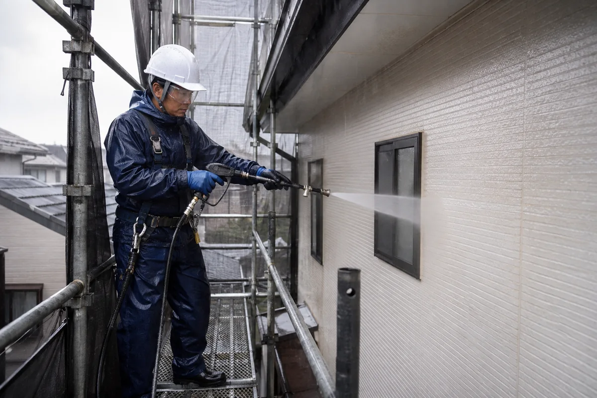 雨天時に住宅の外壁を高圧洗浄する職人