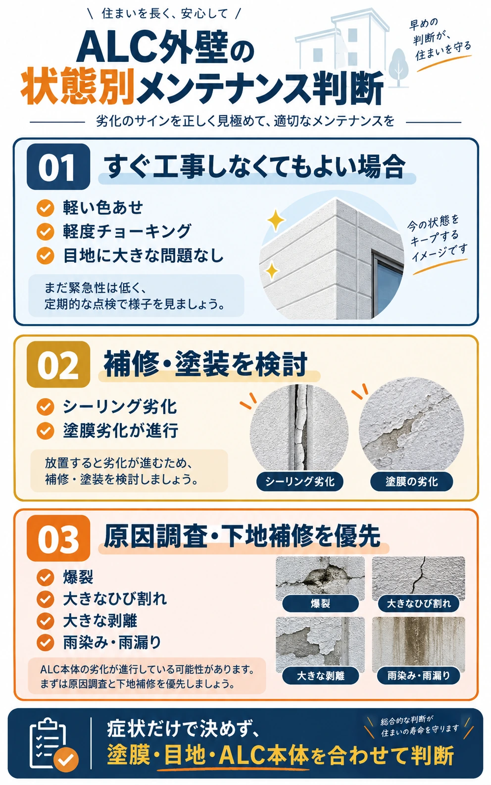 ALC外壁の状態から経過観察・補修や塗装・原因調査を判断する図