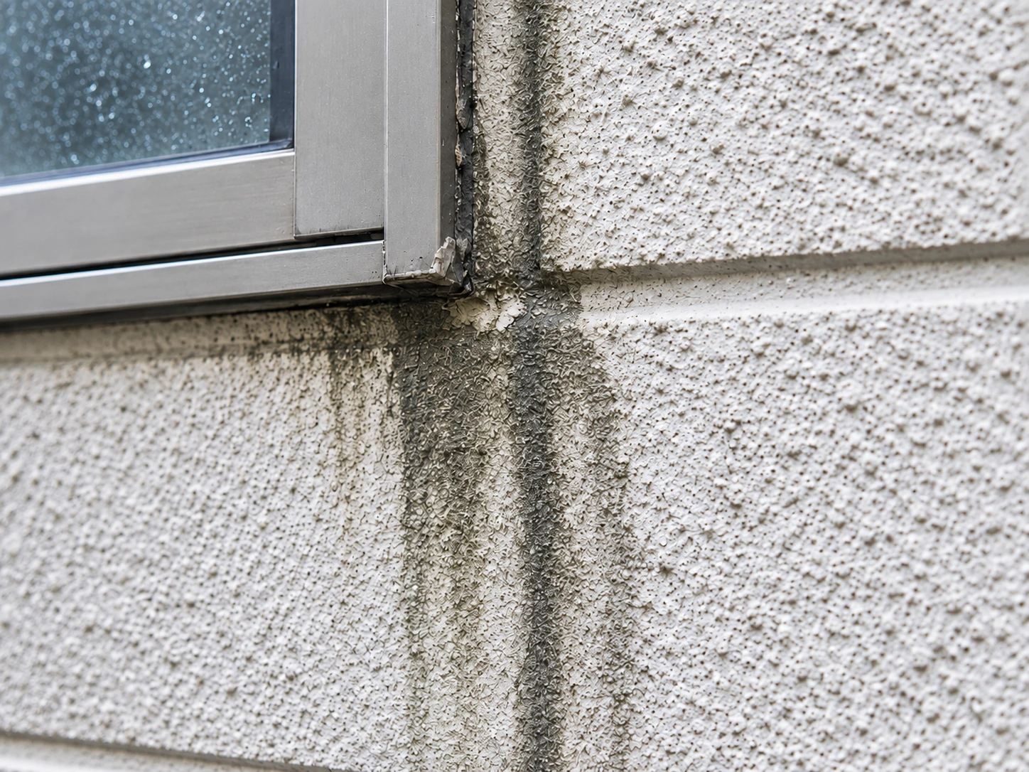 ALC外壁の窓まわりに雨染みと吸水跡が生じている状態