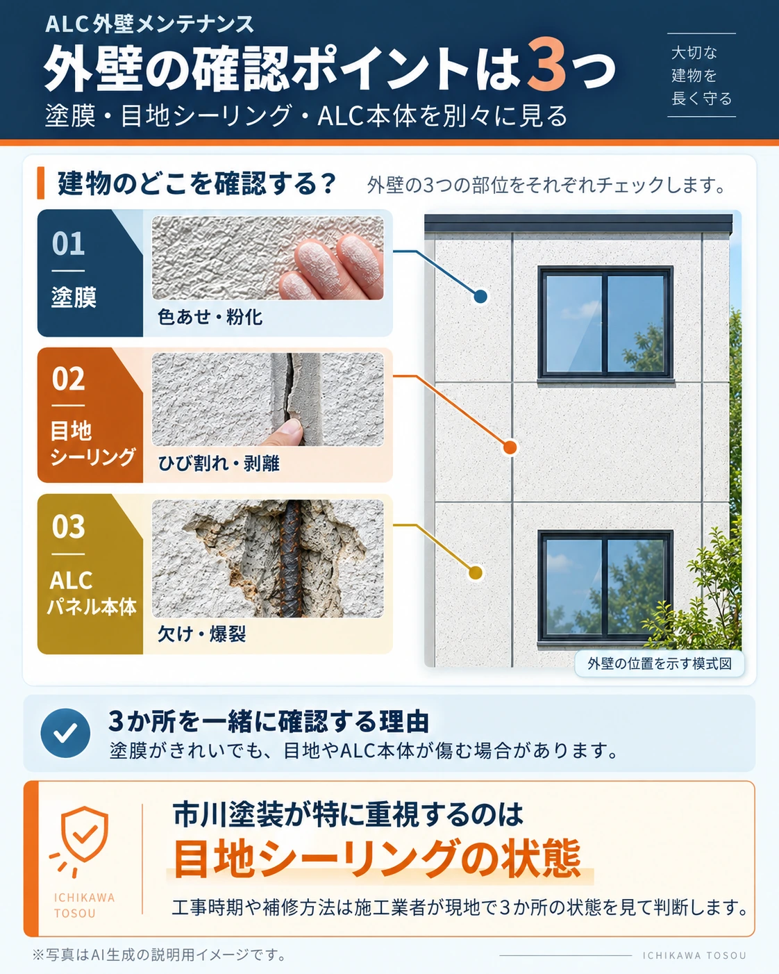 ALC外壁の塗膜・目地シーリング・ALCパネル本体の3か所を建物模式図と劣化イメージで示す説明図