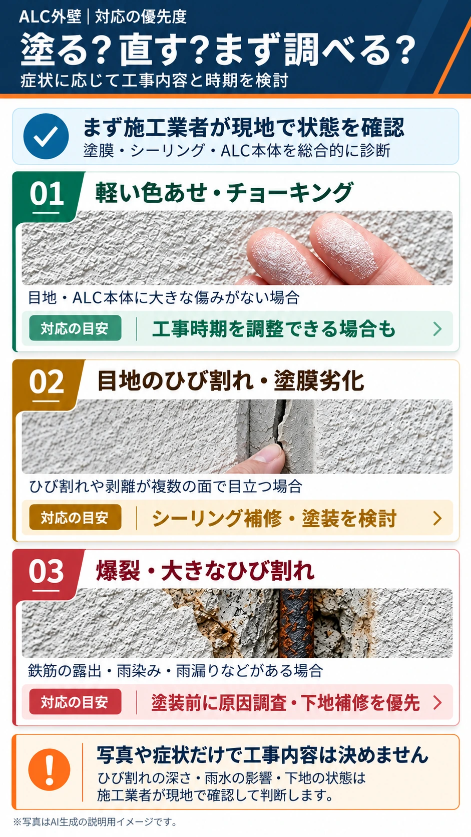 ALC外壁の色あせやチョーキング、目地シーリングのひび割れ、爆裂の症状と対応の目安を3段階で比較した図