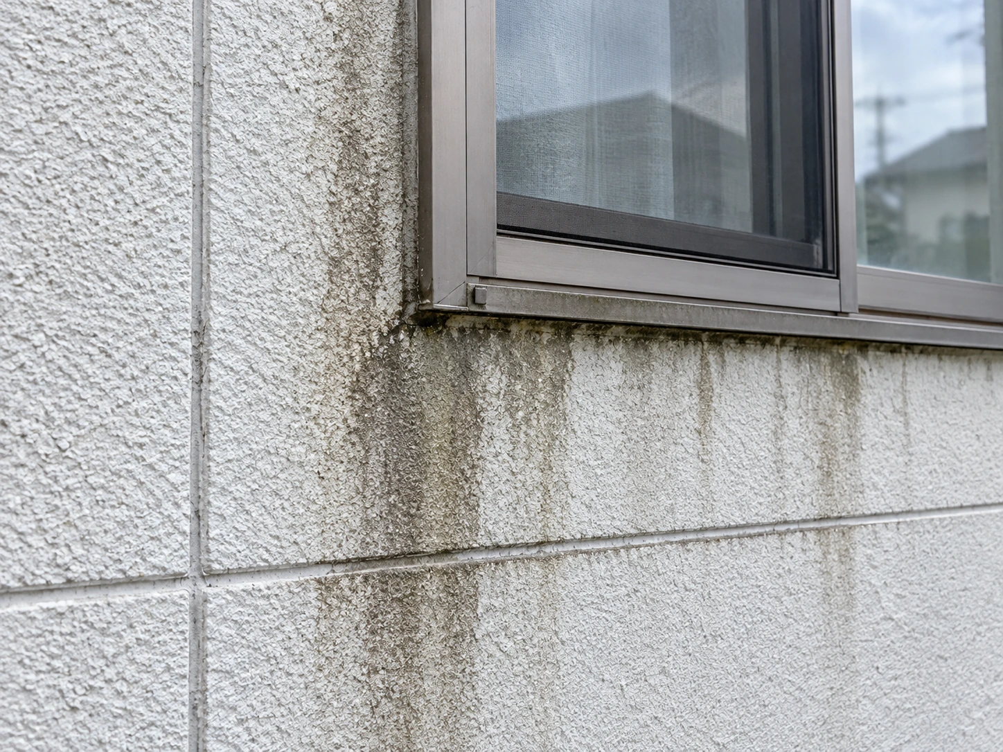 ALC外壁の窓下に黒ずみや雨だれ跡が広がっている状態の説明用イメージ