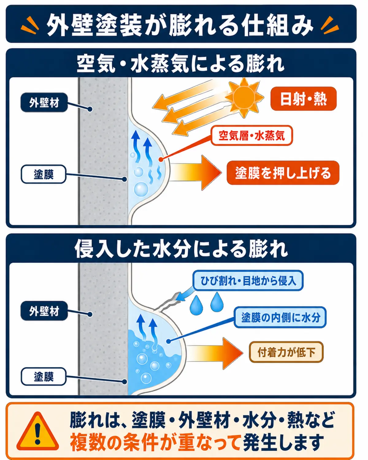 塗膜下の空気や水蒸気、ひび割れや目地から侵入した水分によって外壁塗装が膨れる仕組み