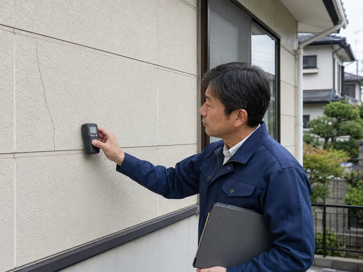 外壁材のひび割れと水分状態を確認する外壁塗装業者の現地調査