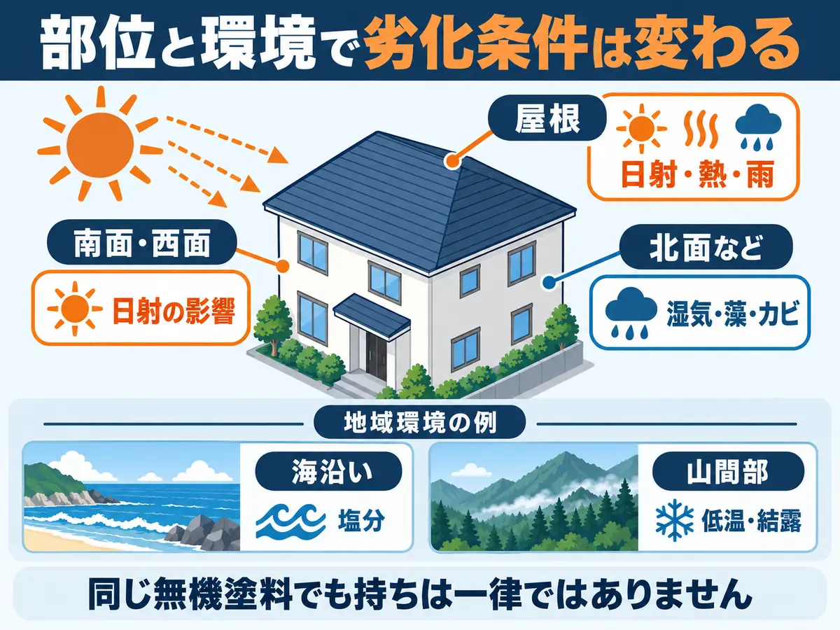 屋根、外壁の方角、海沿い、山間部で異なる劣化条件