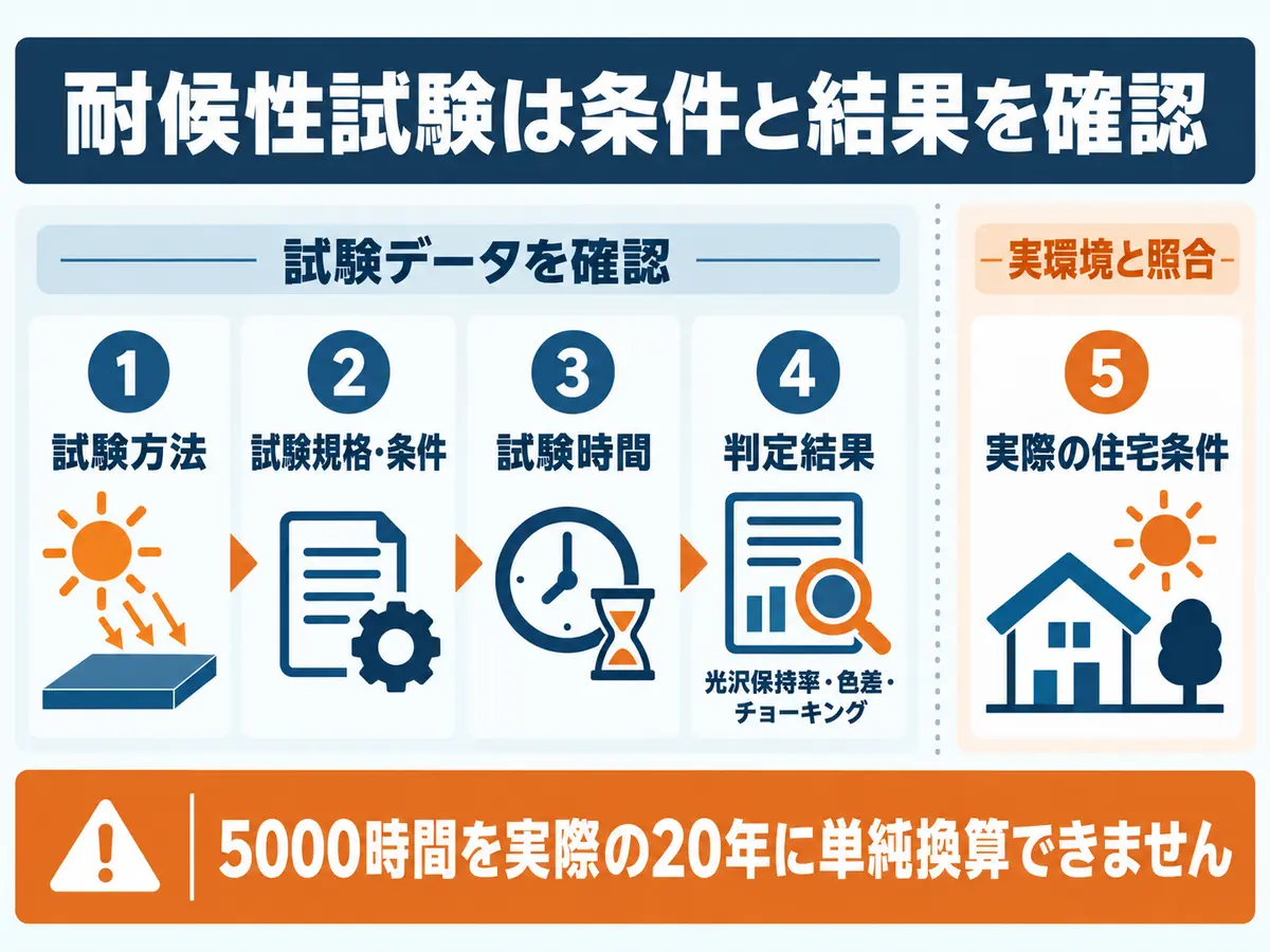 耐候性試験を試験方法・条件・時間・判定結果・実際の住宅条件の順に確認する図