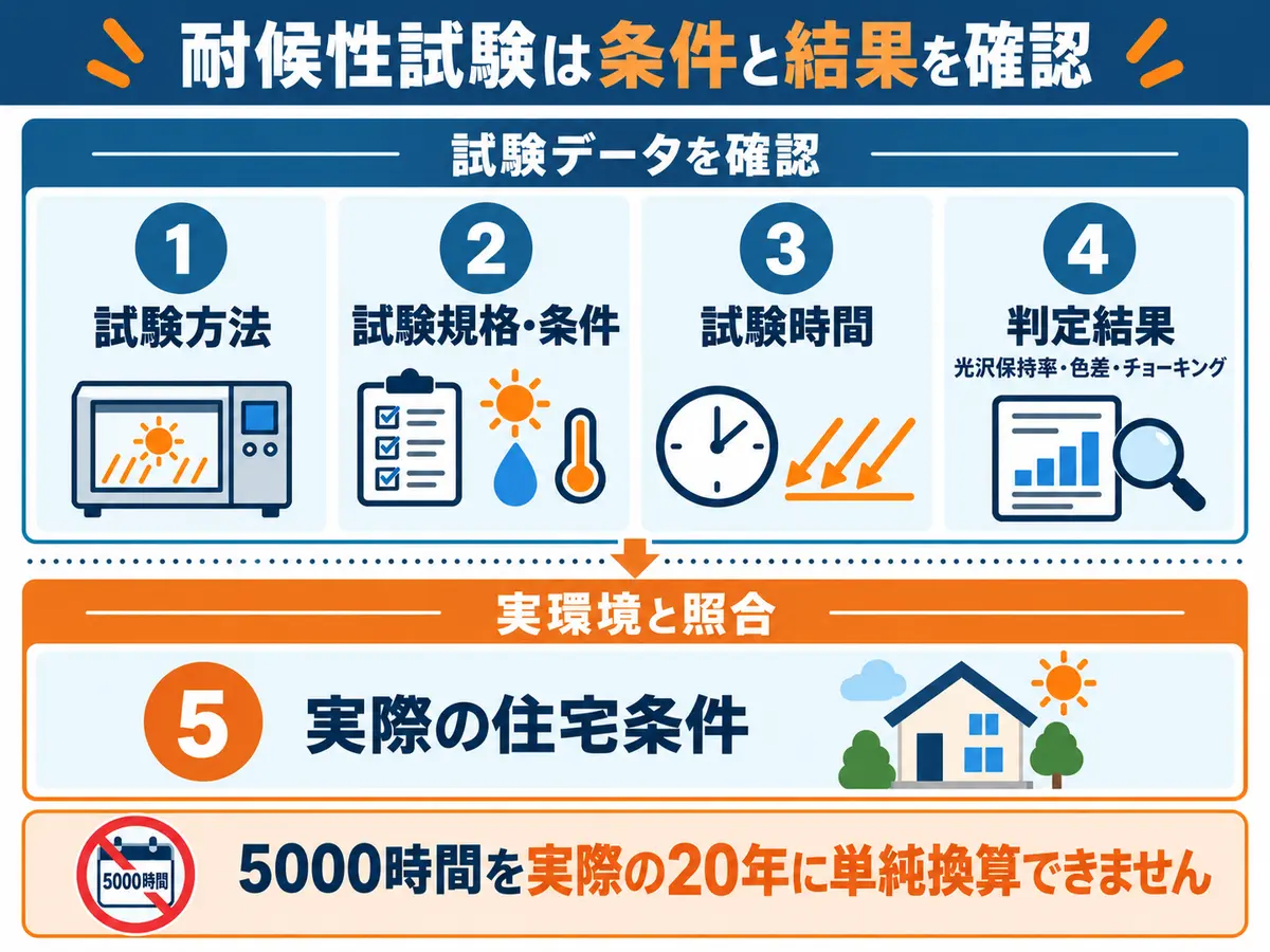 耐候性試験を試験方法、条件、時間、判定結果、住宅条件の順に確認する流れ