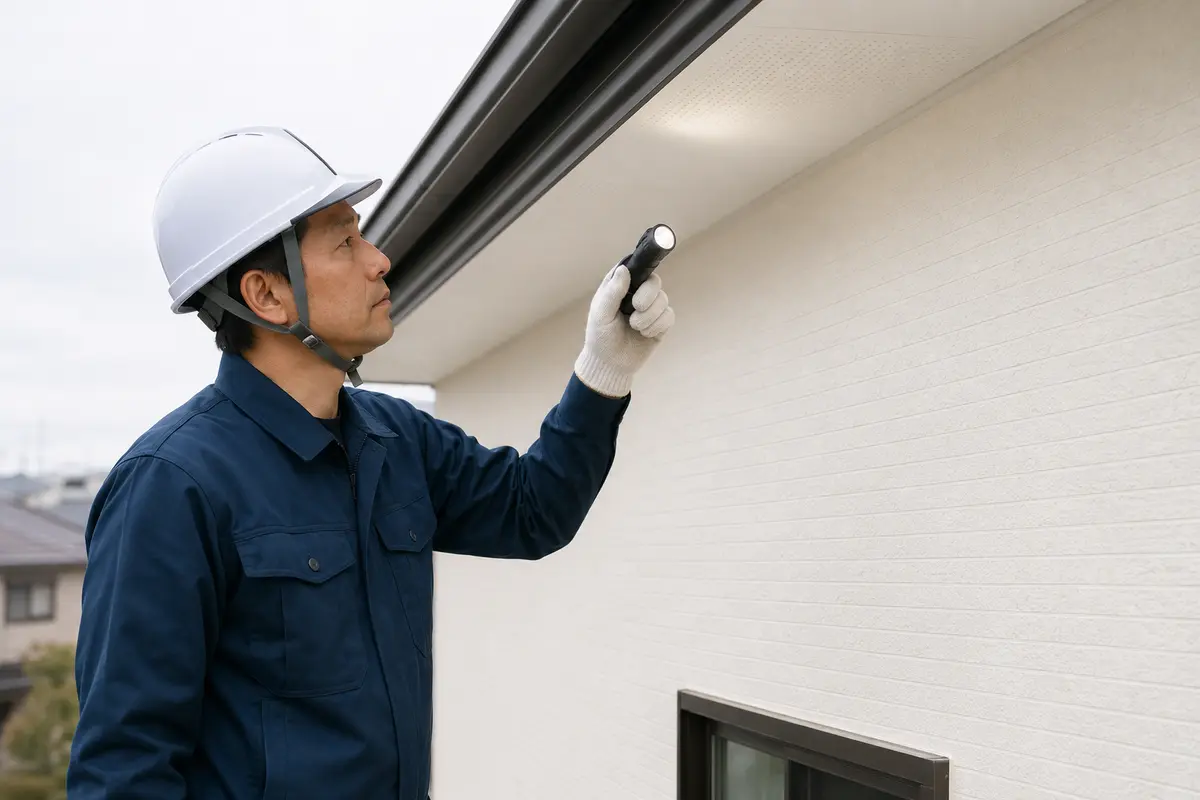 足場を解体する前に施工管理者が外壁と軒天の仕上がりを確認するイメージ
