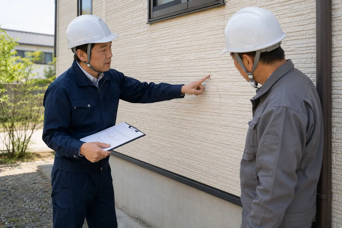 施工管理者が職人へ外壁の劣化箇所と施工仕様を説明するイメージ