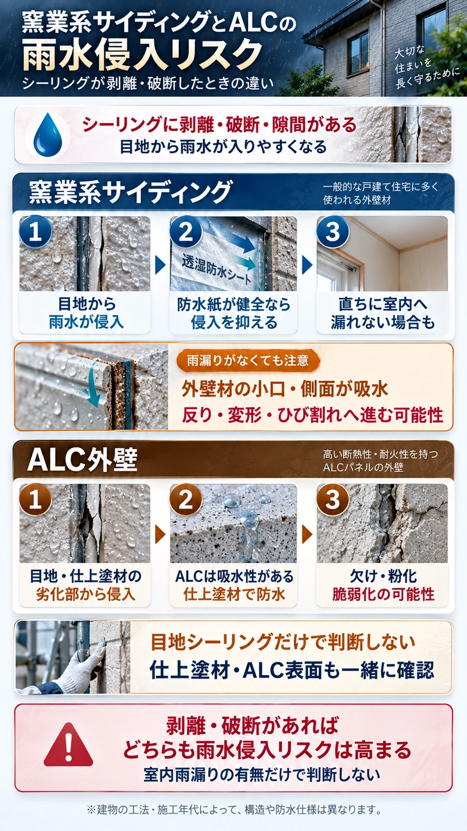 シーリングが剥離・破断したときの窯業系サイディングとALC外壁の雨水侵入リスクを比較した図