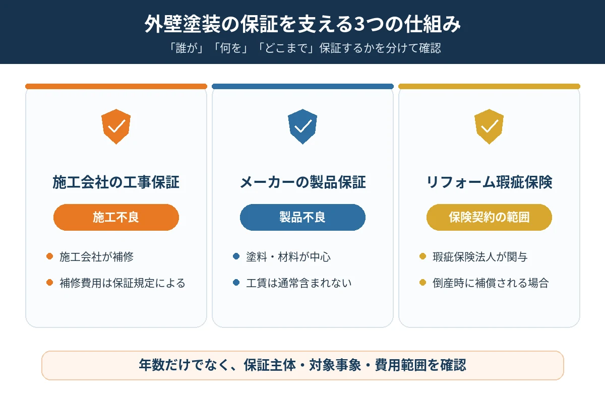 施工会社の工事保証・塗料メーカーの製品保証・リフォーム瑕疵保険の違い