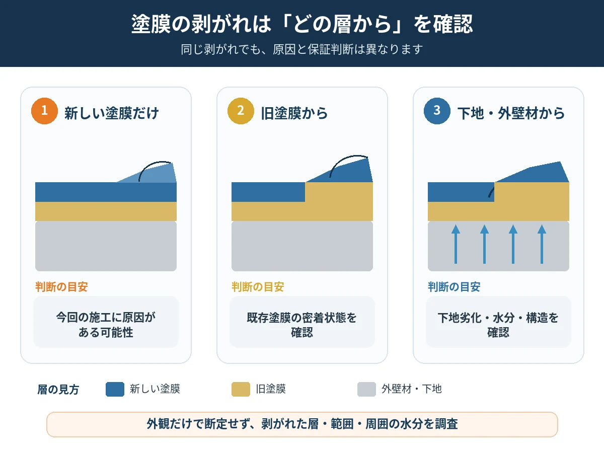 塗膜が新しい塗膜・旧塗膜・外壁材のどの層から剥がれたかによる原因判断の違い