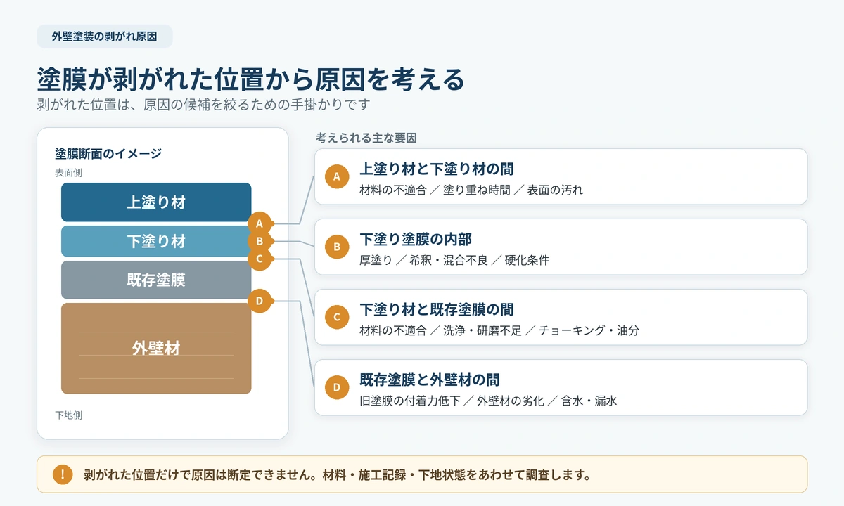塗膜が剥がれた層ごとに考えられる原因を示した図