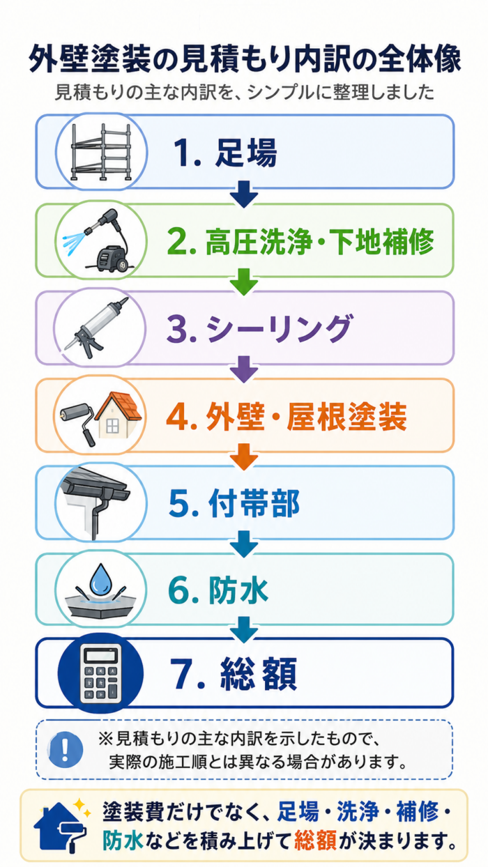 外壁塗装の見積もりが足場 洗浄 塗装 シーリング 付帯部 防水で構成されることを示した図