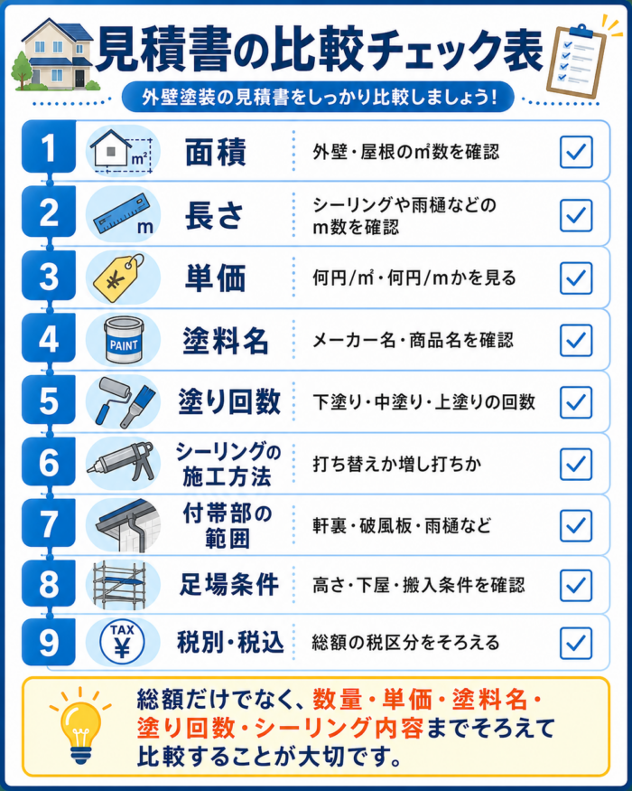 外壁塗装の見積書を比較するときの確認項目をまとめた図