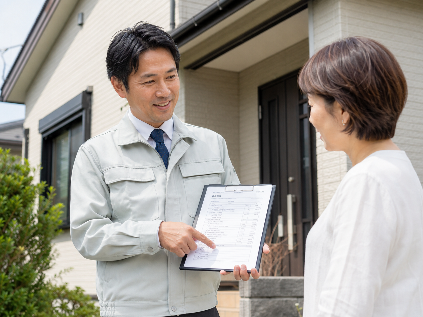市川塗装が住宅の前で外壁塗装の見積書をお客様へ説明している様子