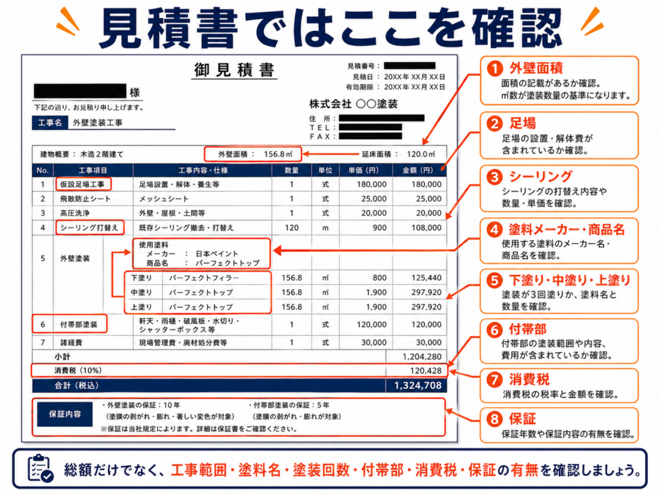 外壁塗装の見積書で確認する外壁面積、足場、シーリング、塗料名、塗装回数、付帯部、消費税、保証を示した図解