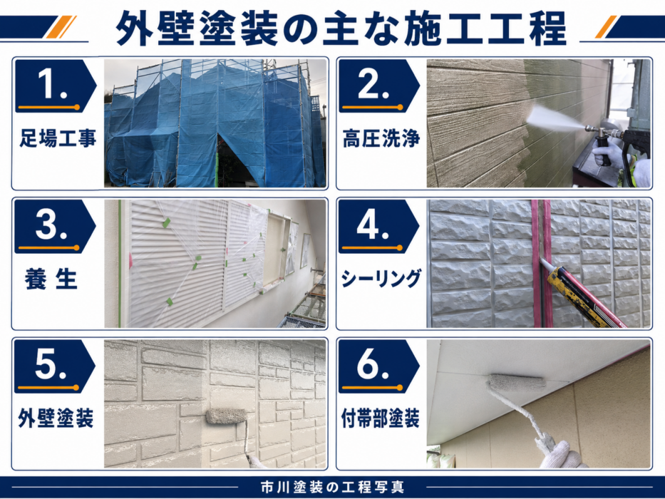 足場工事、高圧洗浄、養生、シーリング、外壁塗装、付帯部塗装の6工程を写真で示した外壁塗装の施工工程図