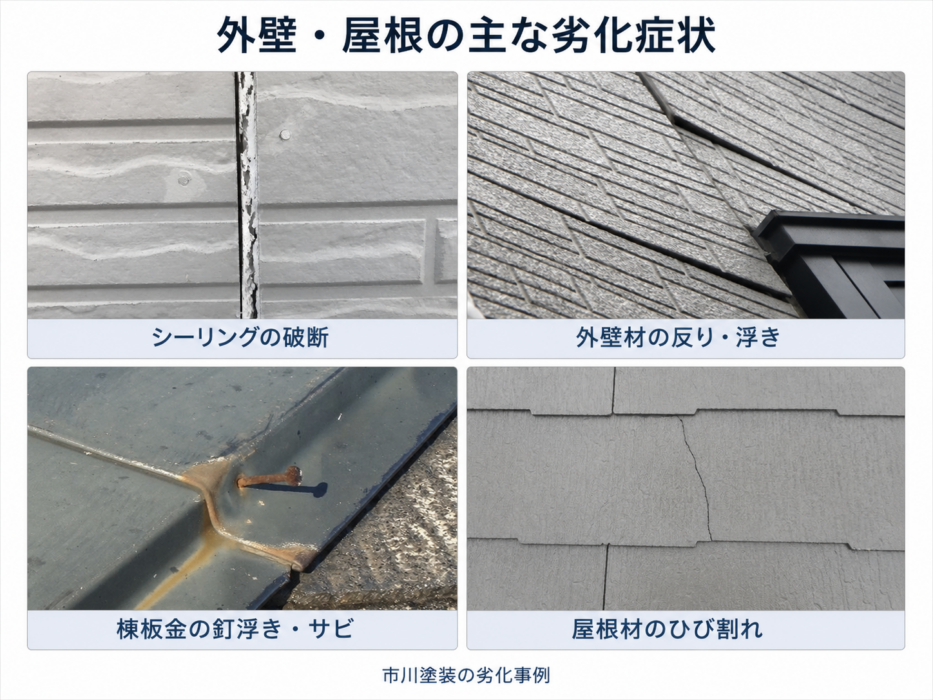 シーリングの破断、外壁材の反り、棟板金のサビ、屋根材のひび割れなど、外壁と屋根の代表的な劣化症状をまとめた図解