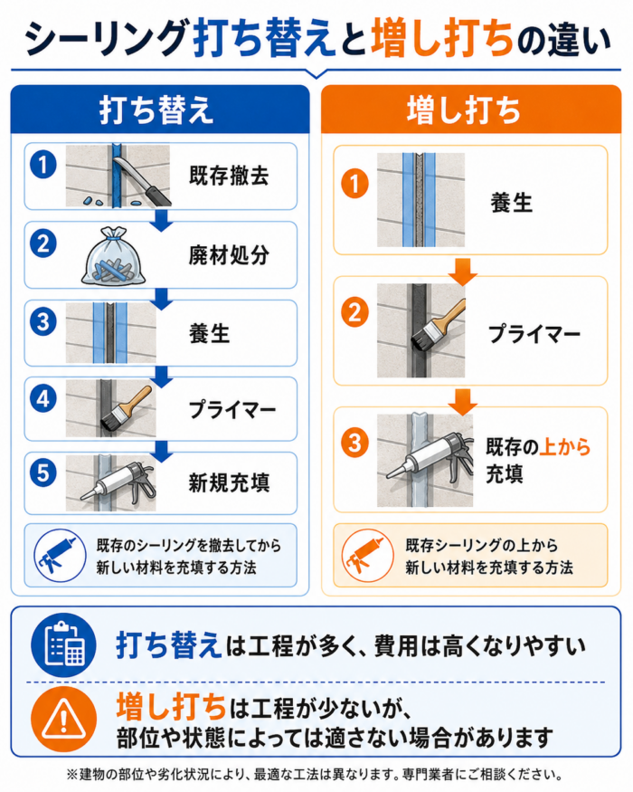 シーリングの打ち替えと増し打ちの工程の違いを比較した図