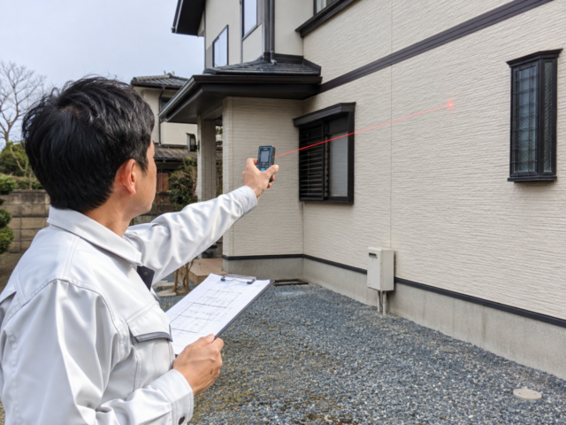 住宅の外壁面積を現地で計測している様子