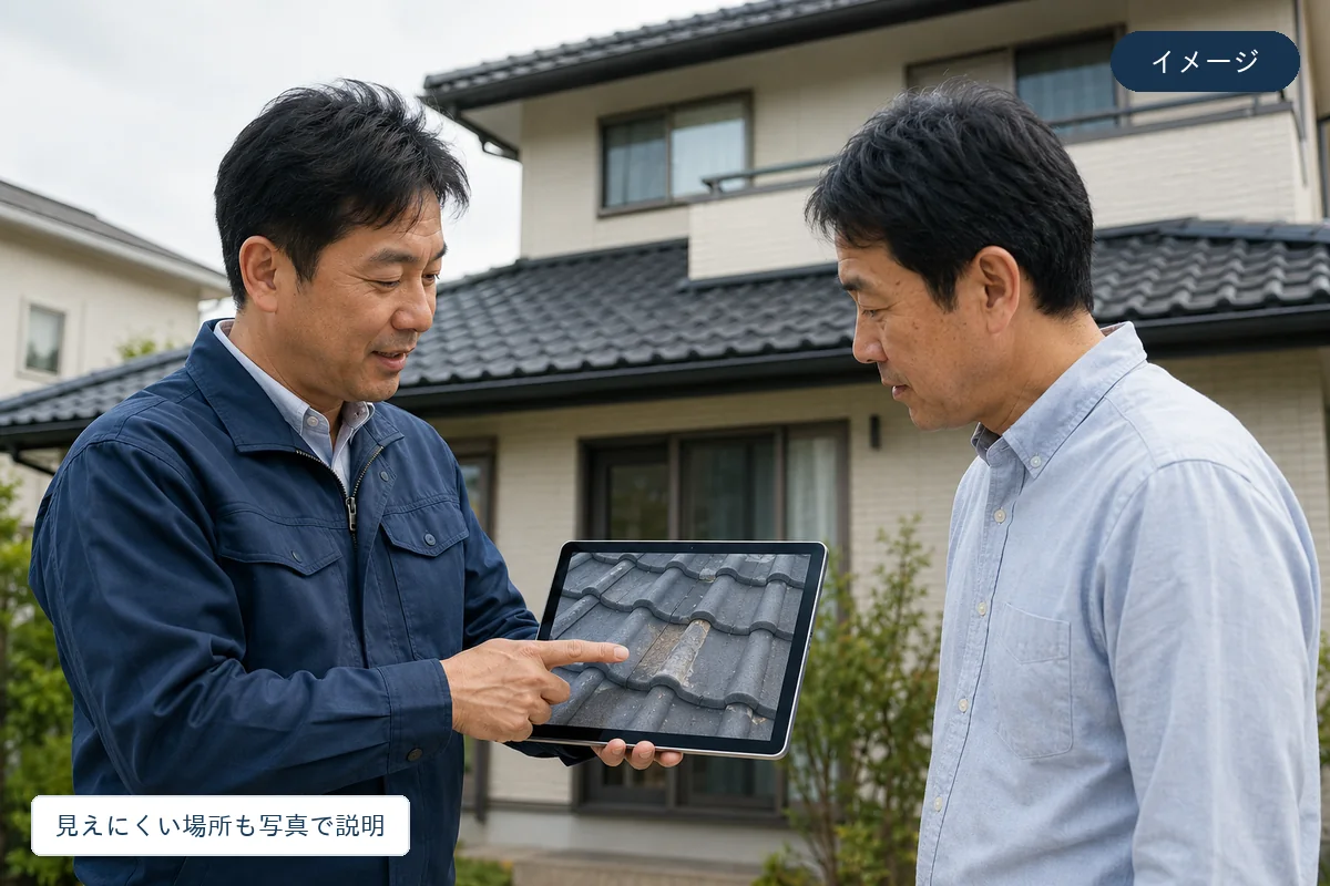 撮影した屋根の状態を画像で説明する外壁塗装業者の担当者（イメージ）