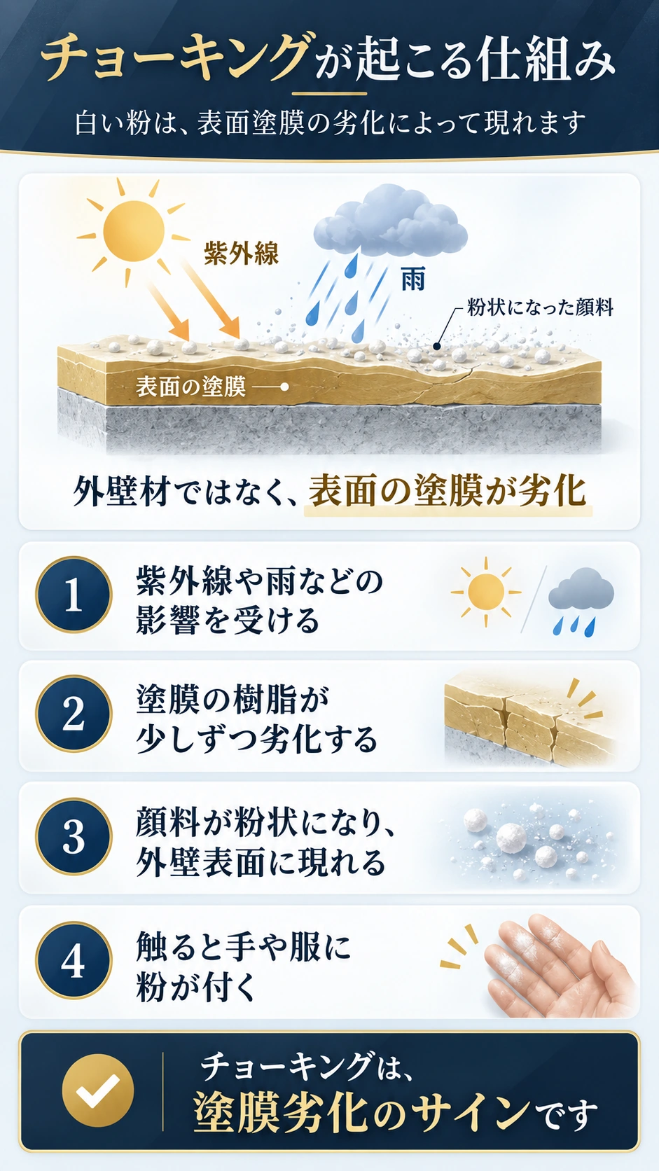 チョーキングが起こる仕組みを、紫外線や雨による塗膜劣化から白い粉が現れる流れで示した図