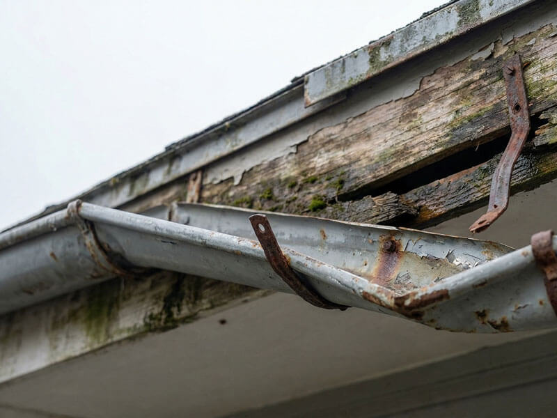 沿岸部の築30年以上の住宅で広範囲に腐食した雨樋支持金具