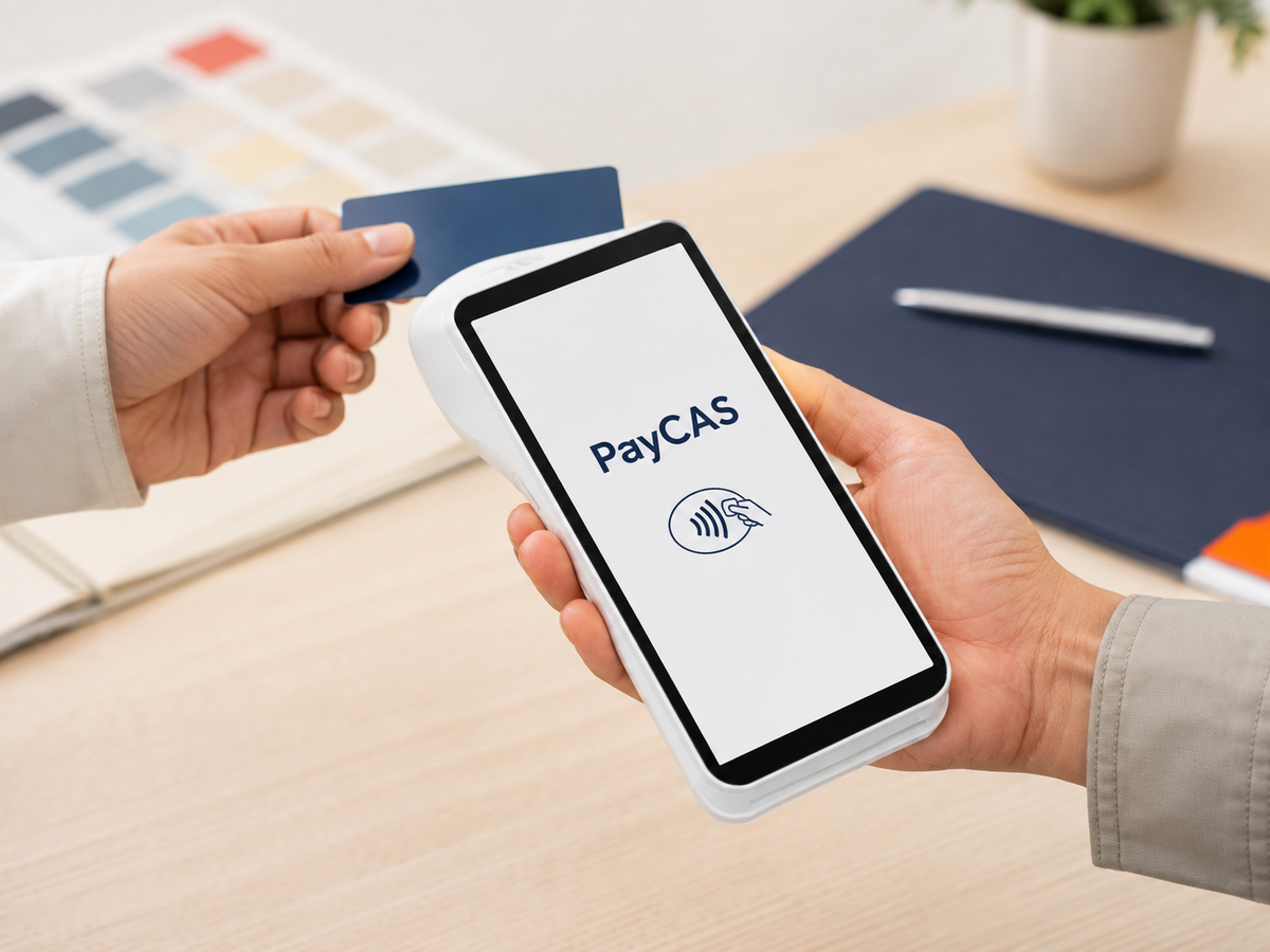 クレジットカードとQUICPayの支払いに使用するPayCAS Mobile端末のイメージ
