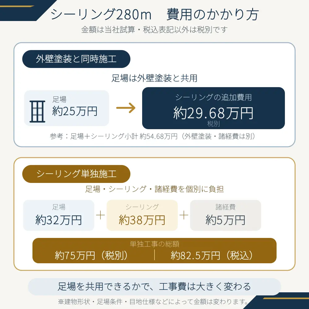 シーリング280mを外壁塗装と同時施工する場合と単独施工する場合の費用比較