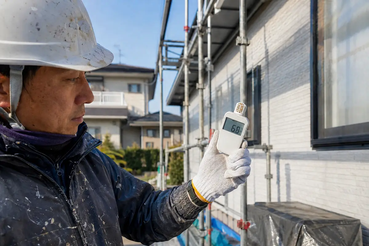 冬の外壁塗装現場で温度計を使い外気温を確認しているイメージ