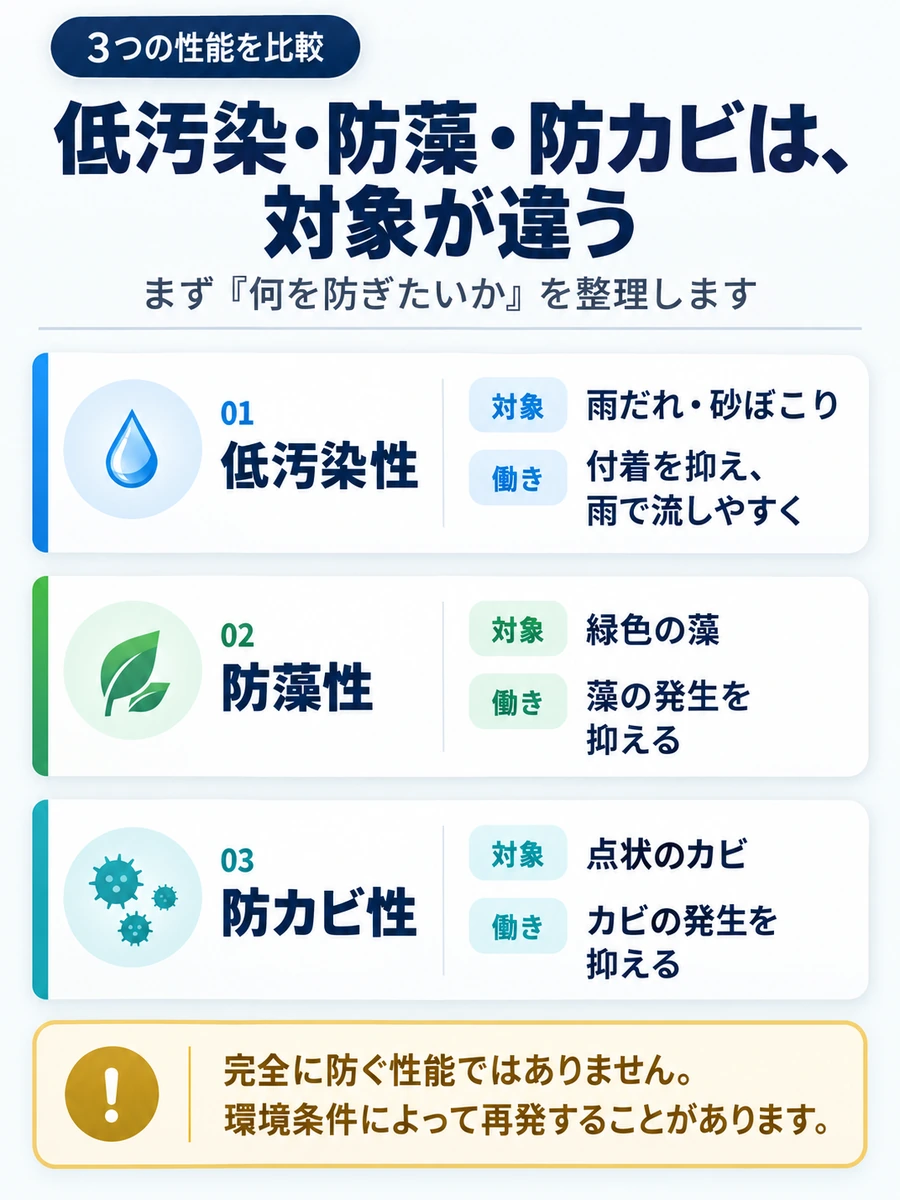 低汚染性・防藻性・防カビ性について、それぞれが対象とする雨だれ・砂ぼこり、藻、カビと役割の違いを比較した図