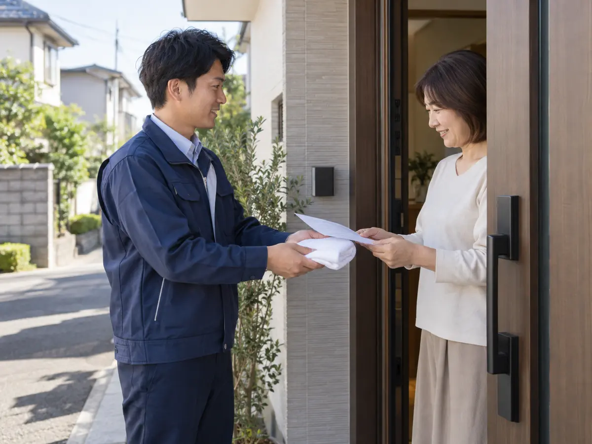 外壁塗装の着工前に工事案内を渡して近隣挨拶をする担当者