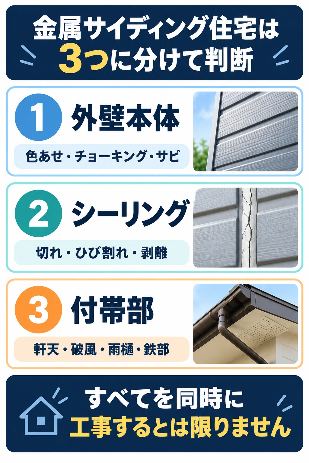 金属サイディング本体・シーリング・付帯部を分けてメンテナンス時期を判断する図
