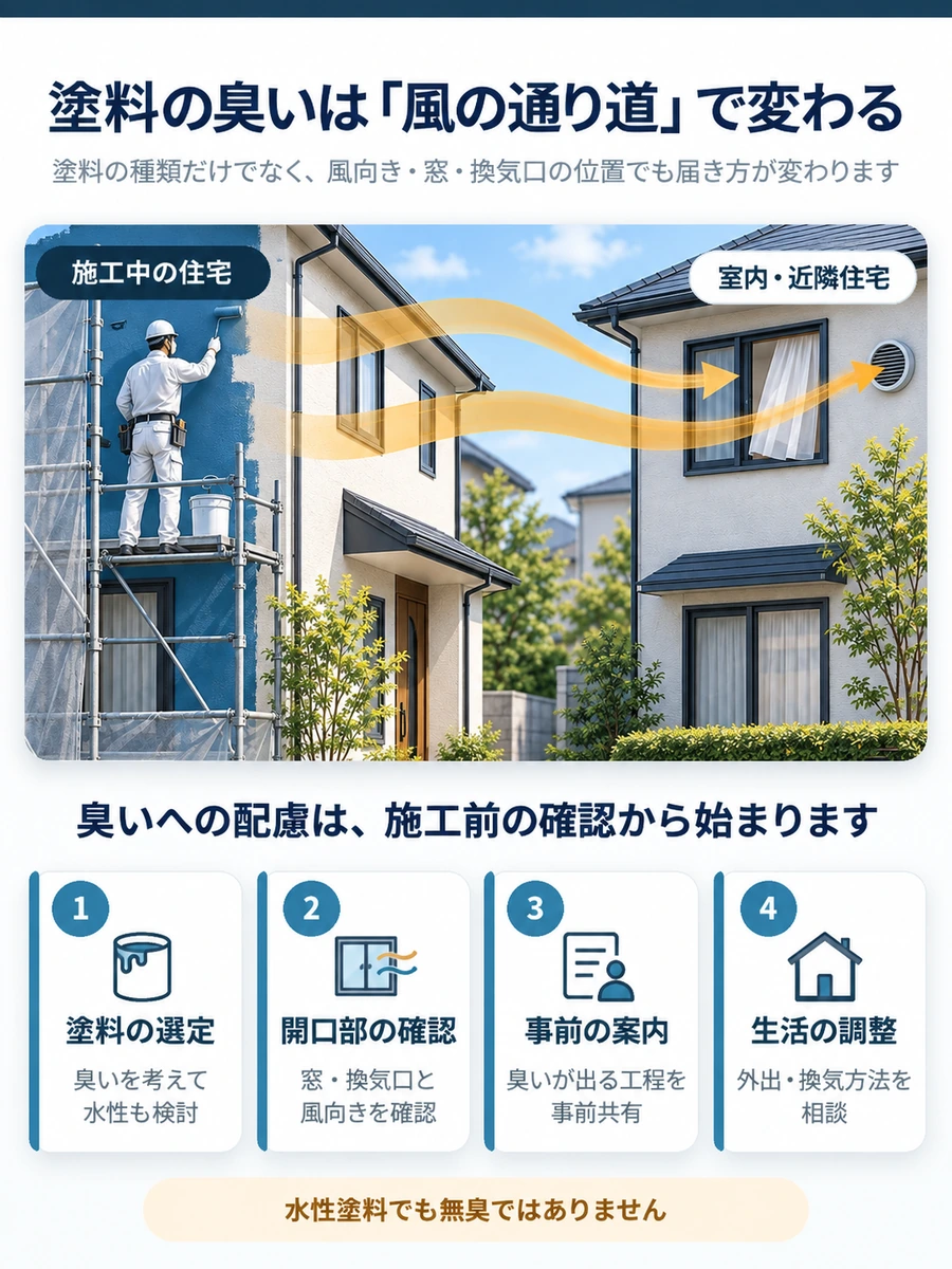 塗料の臭いが施工中の住宅から風向きや窓・換気口を通じて室内や近隣住宅へ届く経路と、塗料選定・開口部確認・事前案内・生活調整の対策を示した図