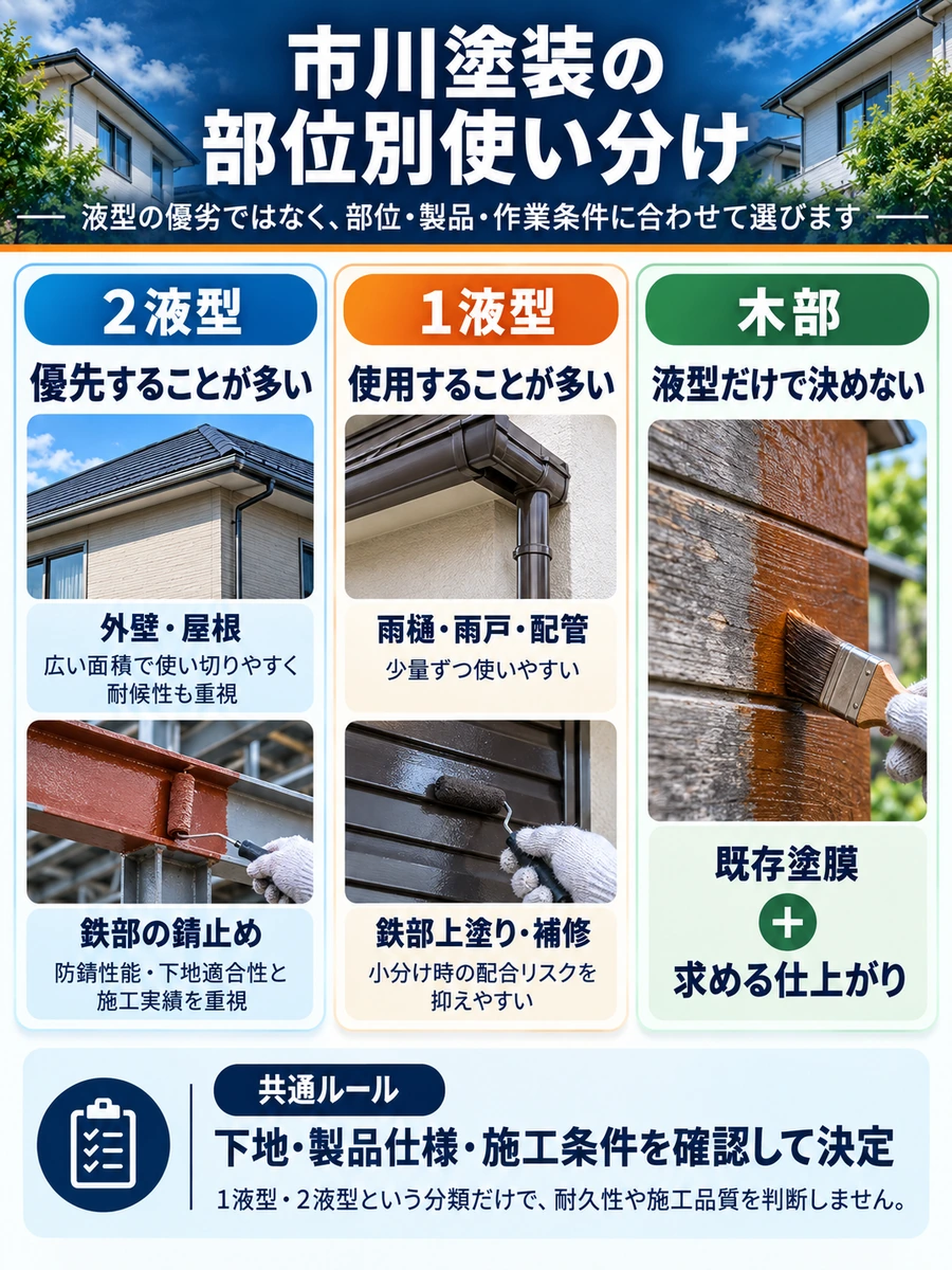 市川塗装が外壁・屋根・鉄部・付帯部・木部で1液型塗料と2液型塗料を使い分ける考え方を示した図