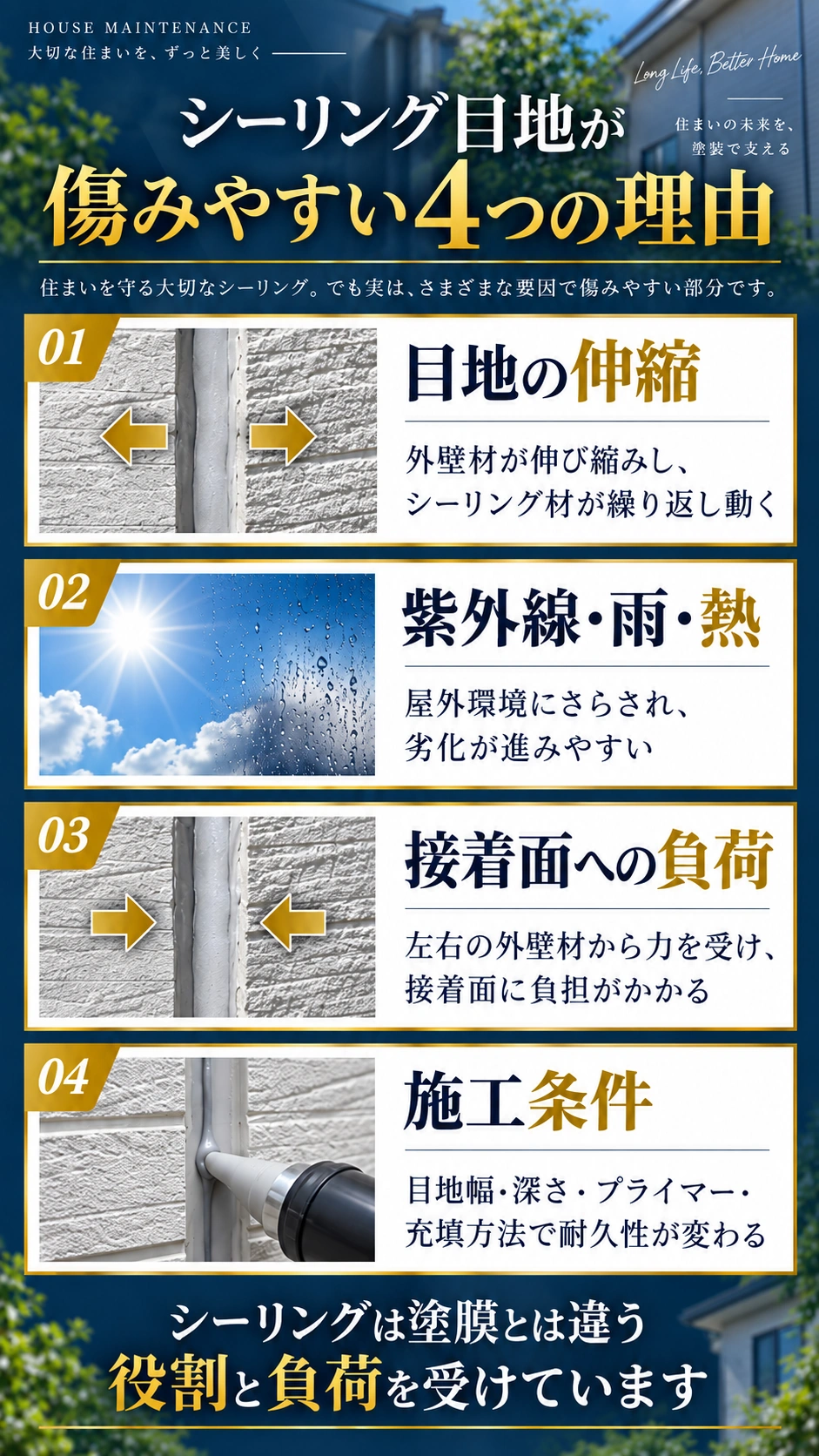 シーリング目地が傷みやすい理由を伸縮・紫外線や雨や熱・接着面への負荷・施工条件の4点で示した図