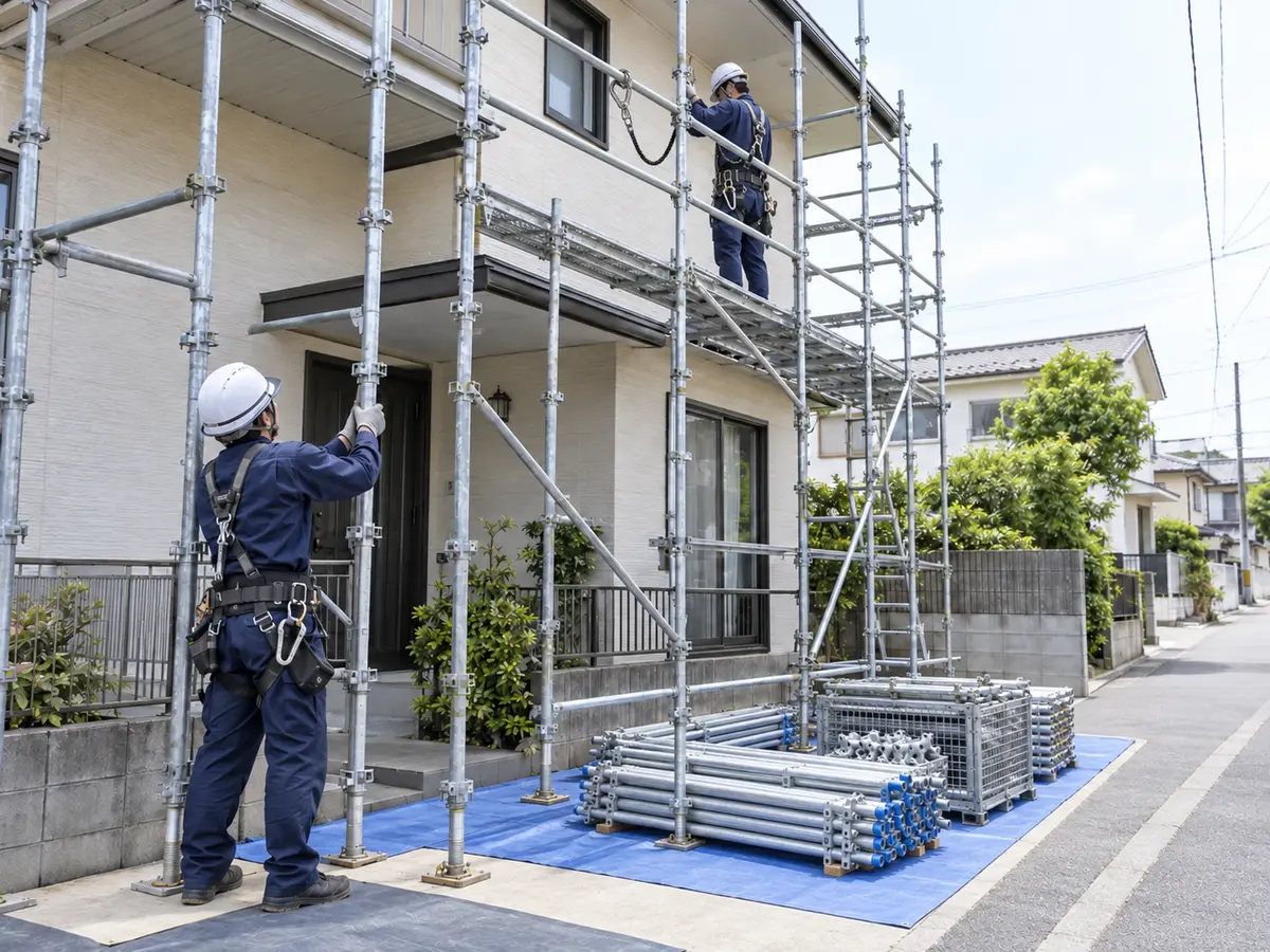 外壁塗装工事で金属製の足場を組み立てる作業員