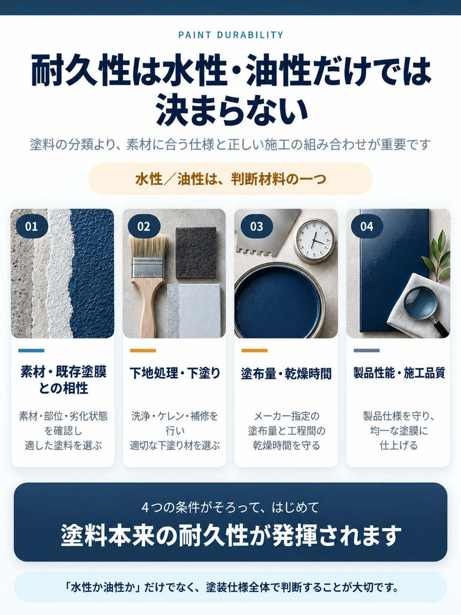 塗料の耐久性を左右する、素材・既存塗膜との相性、下地処理・下塗り、塗布量・乾燥時間、製品性能・施工品質の4条件を示した図