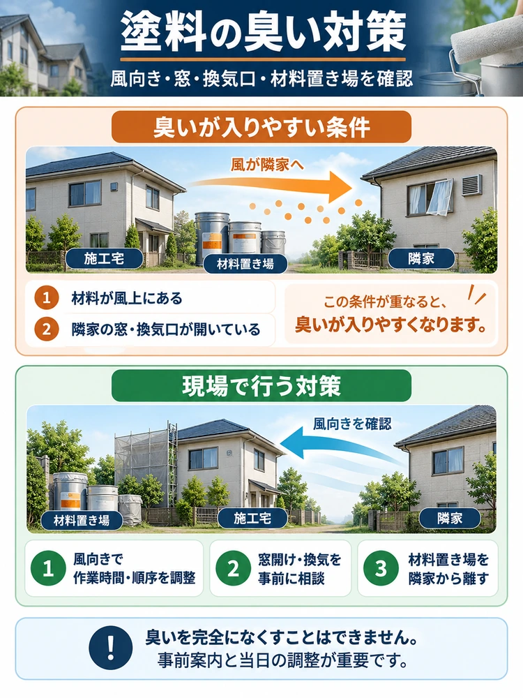 外壁塗装の臭い対策として、風向き・窓・換気口・材料置き場を確認する方法を示した図