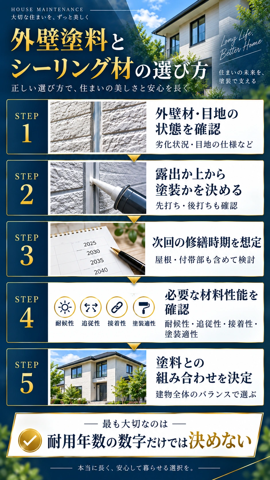 外壁材や目地の状態、露出か塗装か、次回の修繕時期、必要性能を確認して塗料とシーリング材の組み合わせを決める流れ図