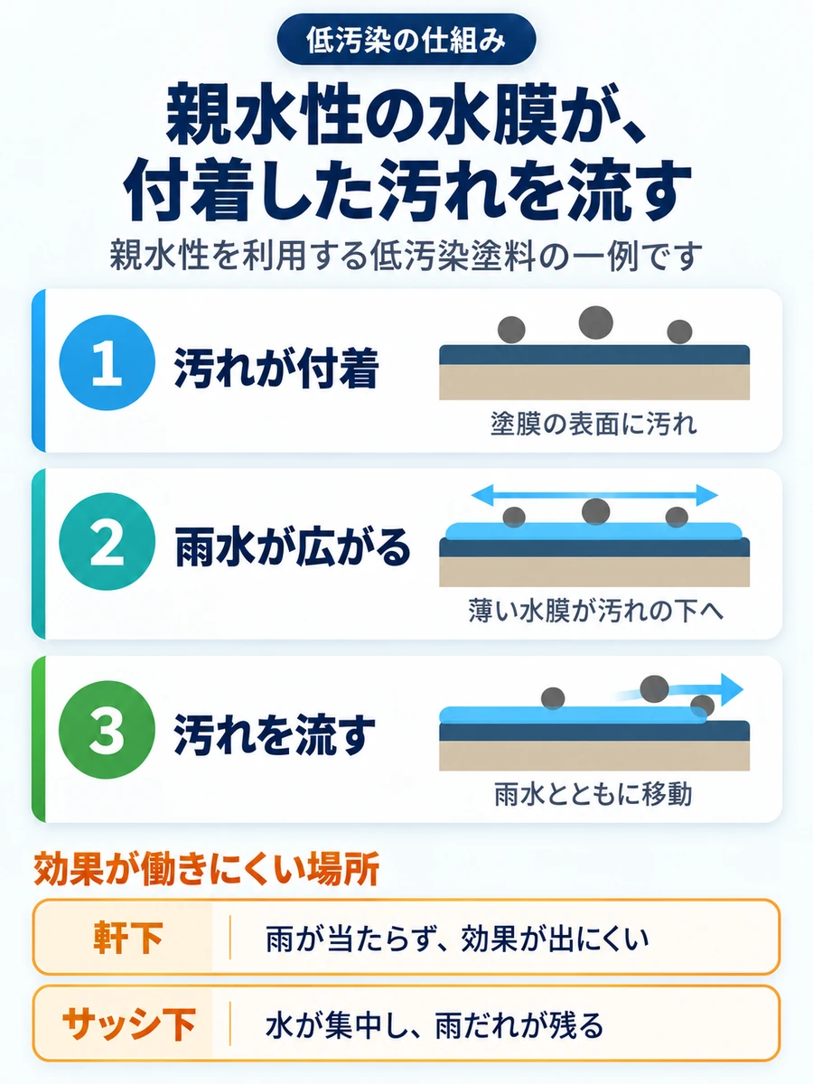 親水性の水膜が塗膜表面に広がり、付着した汚れの下へ入り込んで雨水とともに流す仕組みと、軒下やサッシ下では効果が出にくいことを示した図