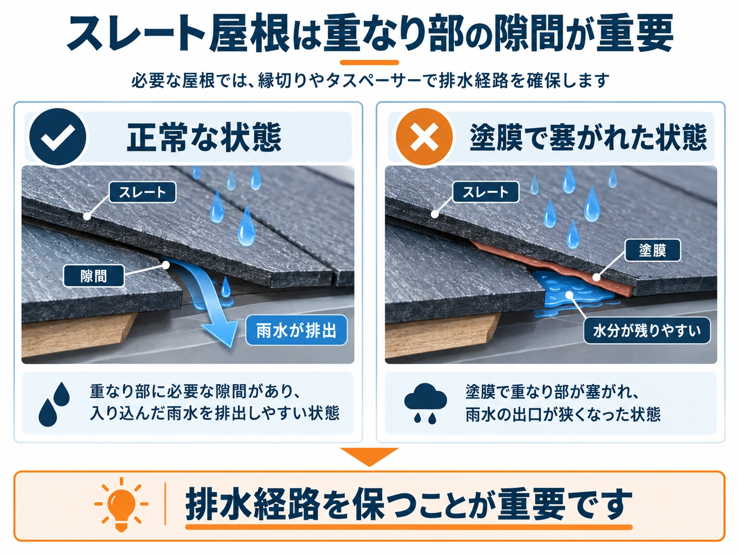 スレート屋根の排水用の隙間がある状態と塗膜で塞がれた状態の比較