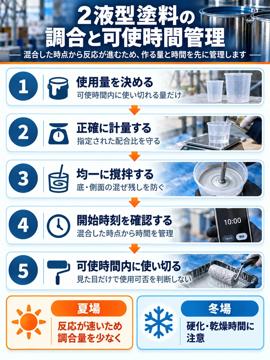 2液型塗料を必要量だけ計量・撹拌し、開始時刻を確認して可使時間内に使い切る管理手順を示した図