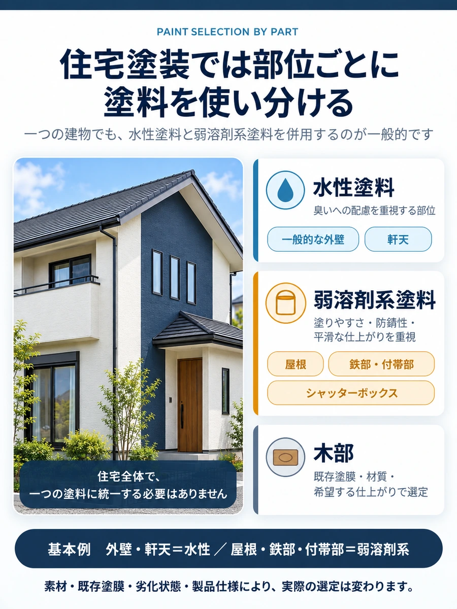 住宅塗装で一般的な外壁と軒天は水性塗料、屋根・鉄部・付帯部は弱溶剤系塗料、木部は既存塗膜や材質に応じて選ぶ基本的な使い分けを示した図