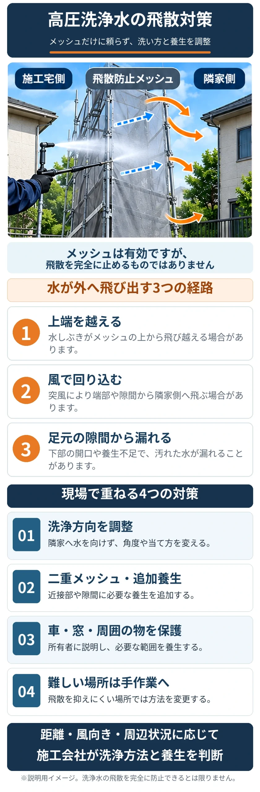高圧洗浄水が飛散防止メッシュの上端・風・足元の隙間から漏れる経路と、洗浄方向の調整・二重メッシュ・追加養生・手作業への切り替えを示す説明図