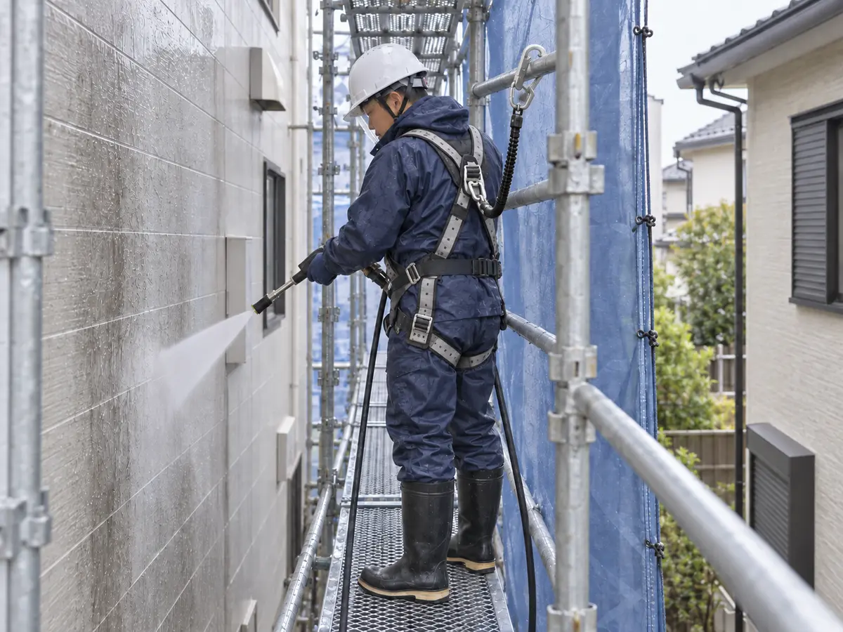 隣家を背にして施工宅の外壁へ高圧洗浄水を向ける職人